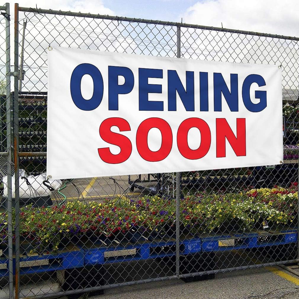 Vinyl Banner Multiple Sizes Opening Soon Blue Red B Business Outdoor Weatherproof Industrial Yard Signs 4 Grommets 24x36Inches