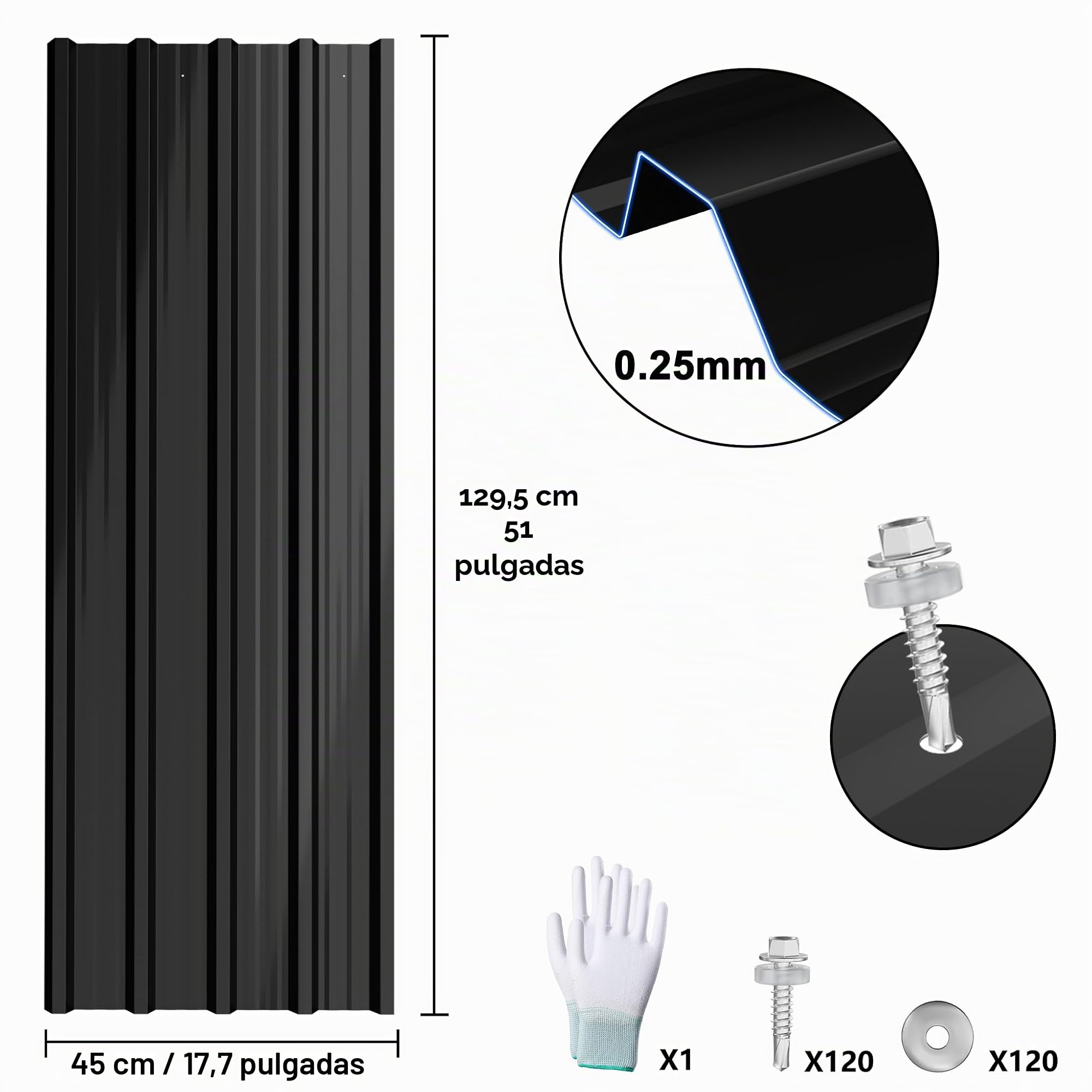FIVMEN 12x Chapa trapezoidal 1295x450mm galvanizado Lámina para techo Placas de chapa ondulada para techo con guantes y tornillos Placas de techo Chapa ondulada Chapa ondulada 7m², Negro