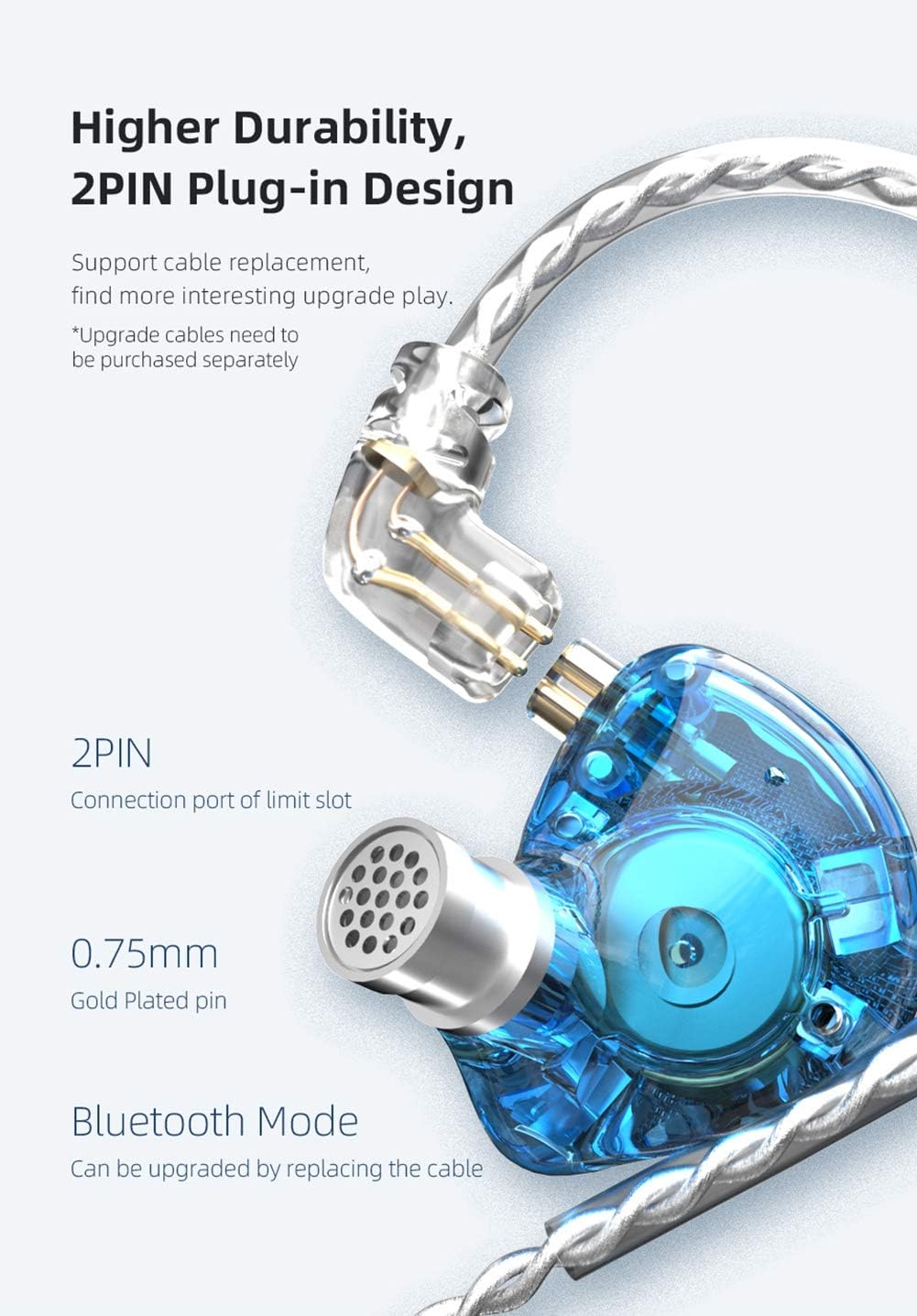 Close-up of the 2PIN detachable cable connection on KZ Zax In-Ear Monitors