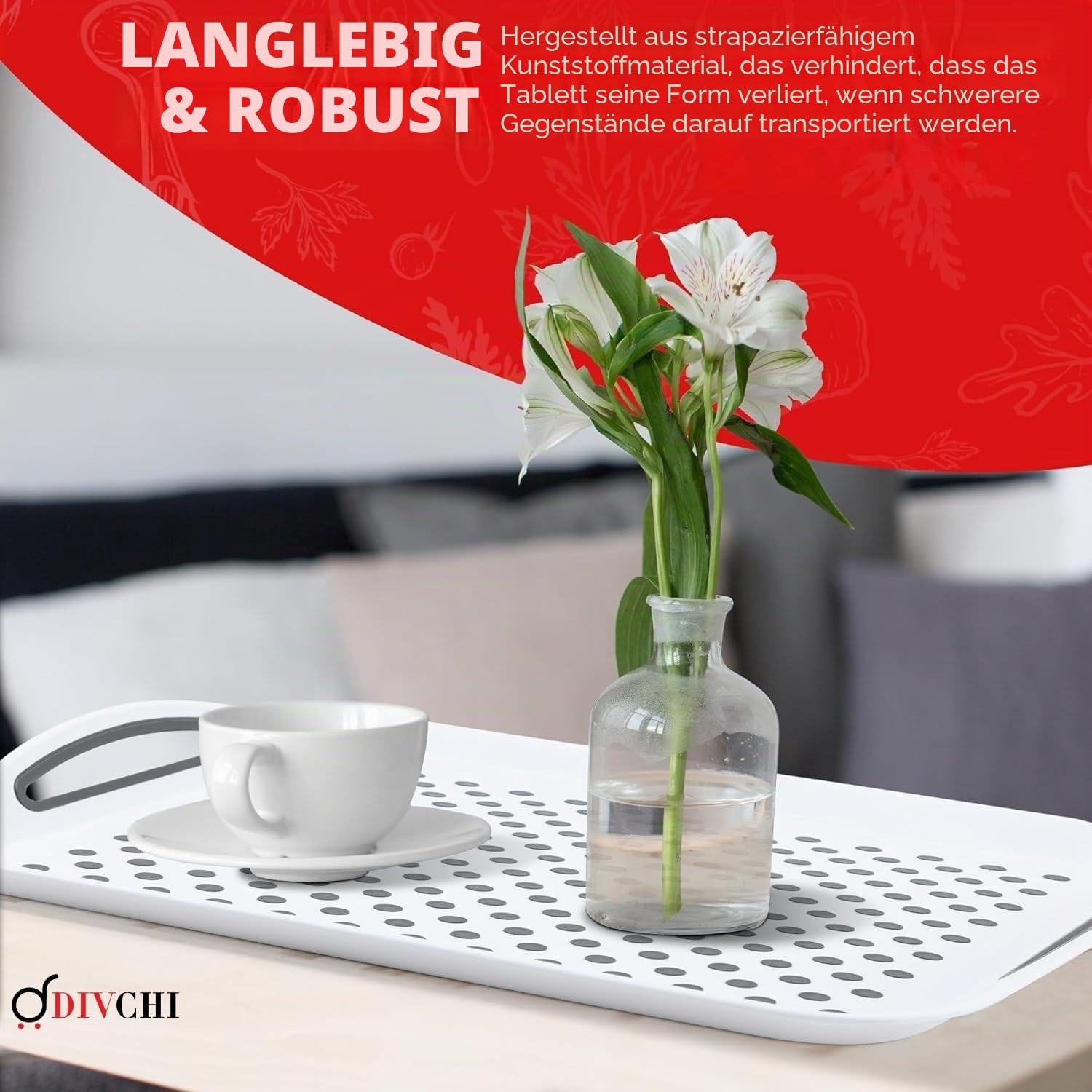 DIVCHI 2er-Pack Serviertablett-Set – rutschfeste Tabletts mit Griffen, ideal für die Zubereitung von Speisen, Tee, Frühstück im Bett – Kunststofftablett für stabiles, spülmaschinenfest Grau & Weiß
