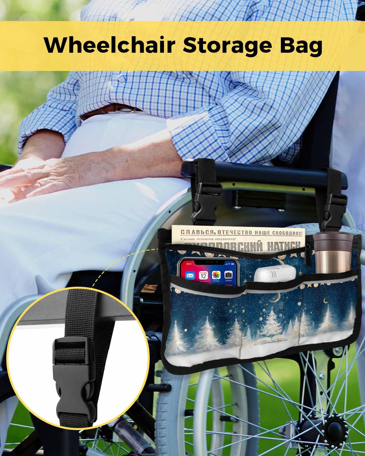 Anzona Merry Christmas Wheelchair Side Bag Walker Bag, Rustics Xmas Tree Snowflake Ball Moon Wheelchair Accessories Armrest Pouch, Organizer Storage Bag for Walkers, Rollators, Scooters, 7.3''x13''