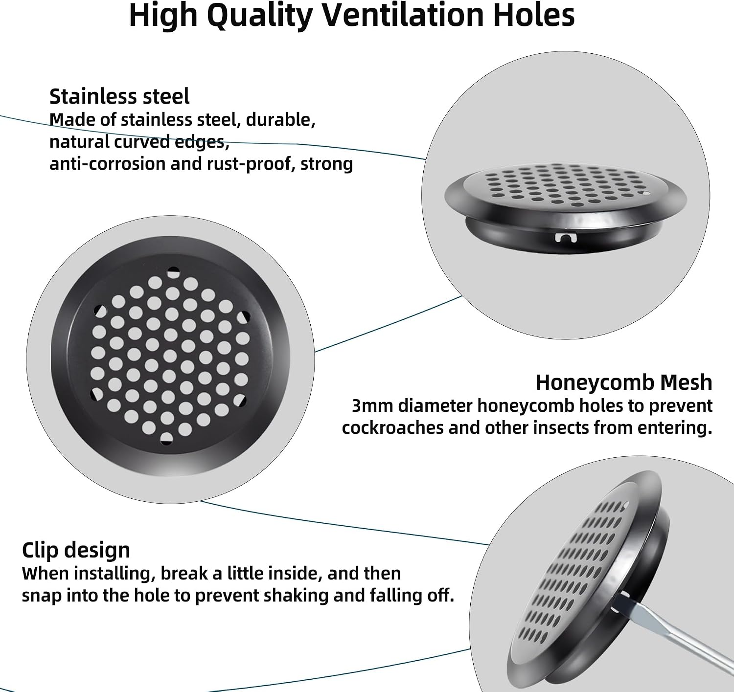 50 Pcs Round Soffit Vents 2 inch/53 mm, Stainless Steel, Black | Circular Soffit Vents for Roof Eaves, Mesh Hole Vent for Wardrobe Cabinets Shoe Kitchen