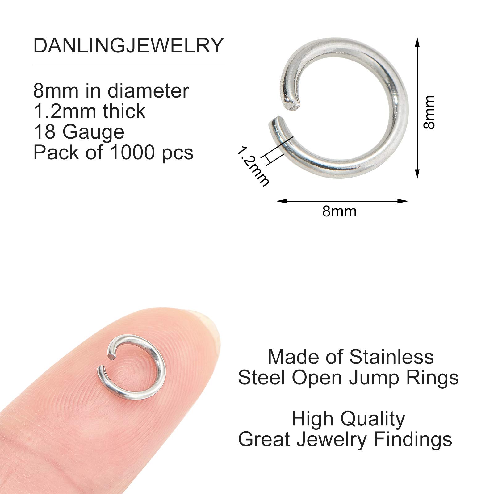 DanLingJewelry 200 anelli aperti in acciaio inox 304, calibro