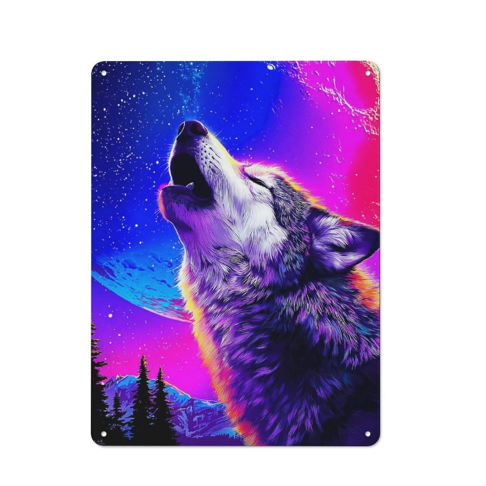 Junmoney Neon Wolf Howling At The Moon -1 Vintage Metal Plaque 40X30cm For Café Or Restaurant, A Decorative Gift For A Newly Furnished Café And Restaurant
