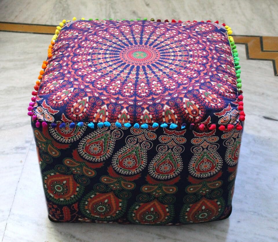 Indian Handmade Mandala | Square Ottoman Pouf Cover | Footstool Seating (Multi Peacock Mandala, 22x22x14)