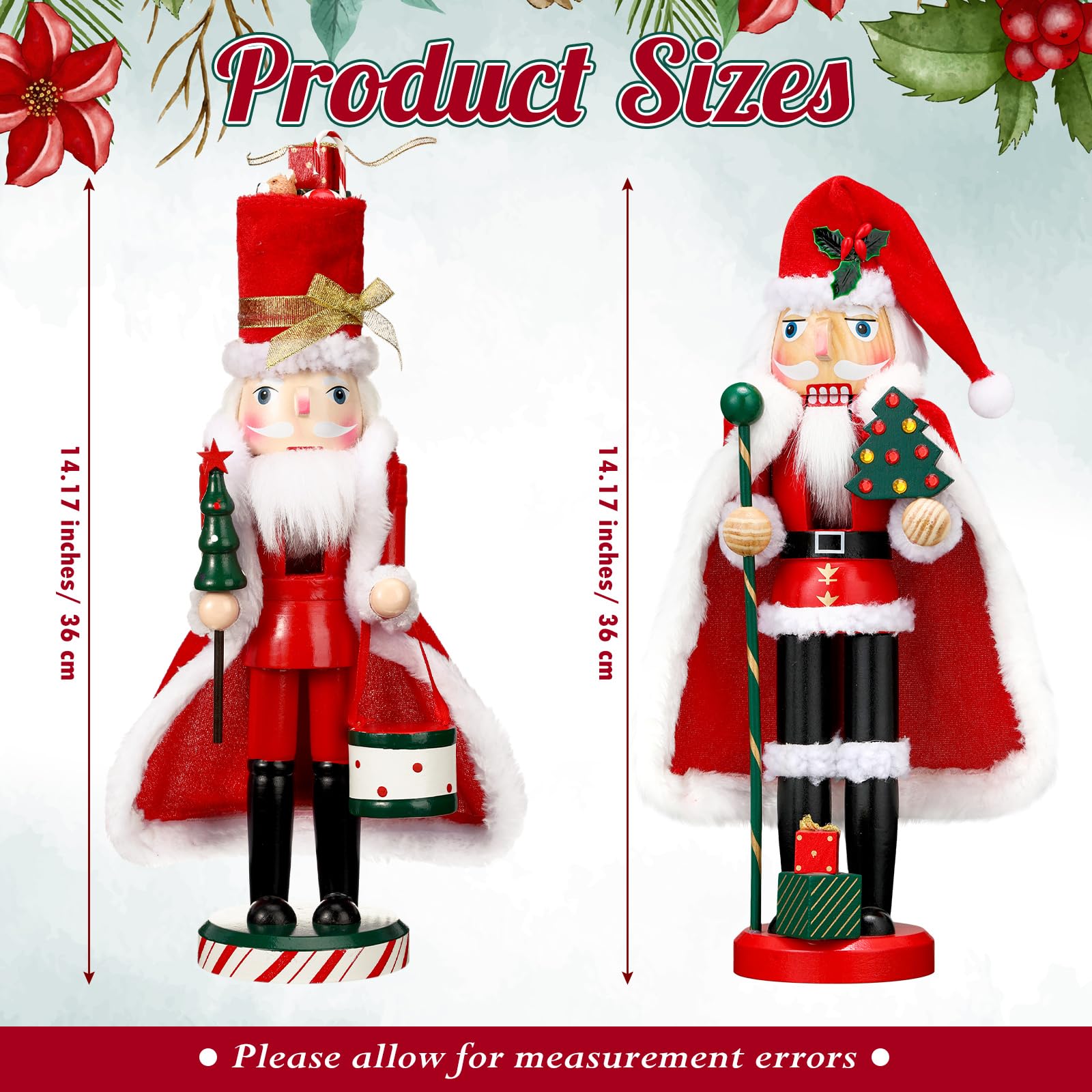 Soaoo Nussknacker-Figuren aus Holz, 33 cm, Weihnachtsmann-Nussknacker, dekorativ, rot, grün und weiß, Nussknacker, für Weihnachten, festliche Geschenke, Tischdekoration, 2 Stück