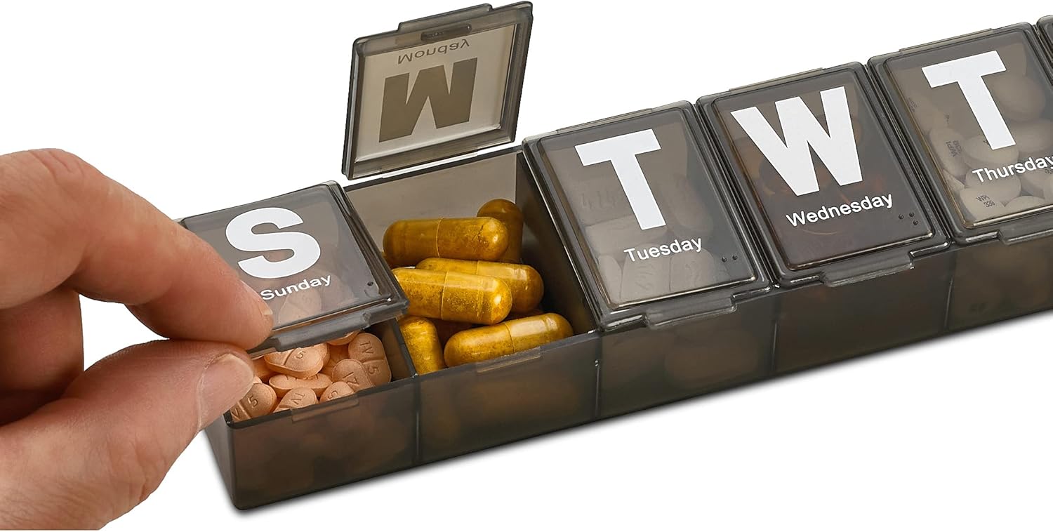 Weekly Pill Organizer - Extra Large with Easy to Read Jumbo Letters Vitamin Container, BPA Free - Daily Travel 7 Day Medication Pill Box Case, (Black)