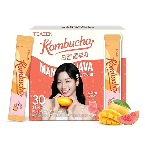 TEAZEN Té de mango y guayaba y kombucha, mezcla de bebida hidratante, sin azúcar, probióticos vivos y prebióticos, 30 palitos, 5.29 onzas