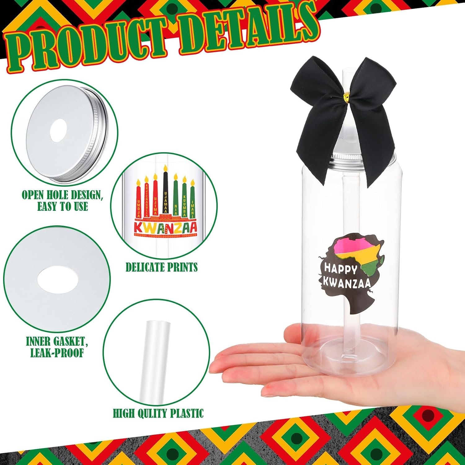Skylety 24 Set Happy Kwanzaa Gifts Bulk Red Black Green Kinara Themed 13.5 oz Plastic Cups with Lid Straw Keychain Bows Kwanzaa Gift Set for African American Christmas Celebration Party Supplies