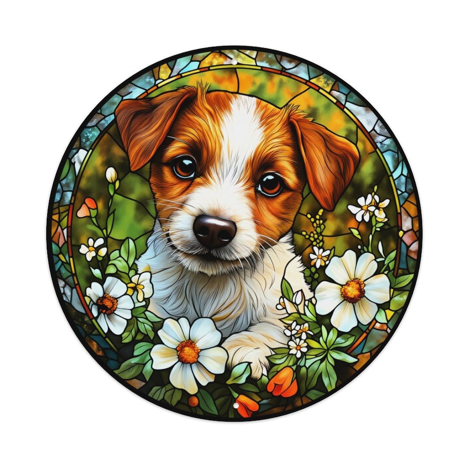 Stained Glass Dog Floral Pattern Round Tin Sign Vintage Metal Sign Home Bar Garden Indoor & Outdoor Wall Decor Retro Metal Poster 8x8 Inch