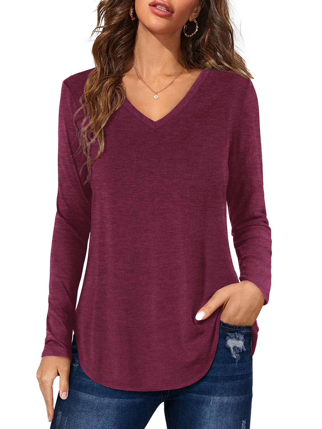 Womens Henley Neck Long Sleeve Casual T-Shirt Blouses