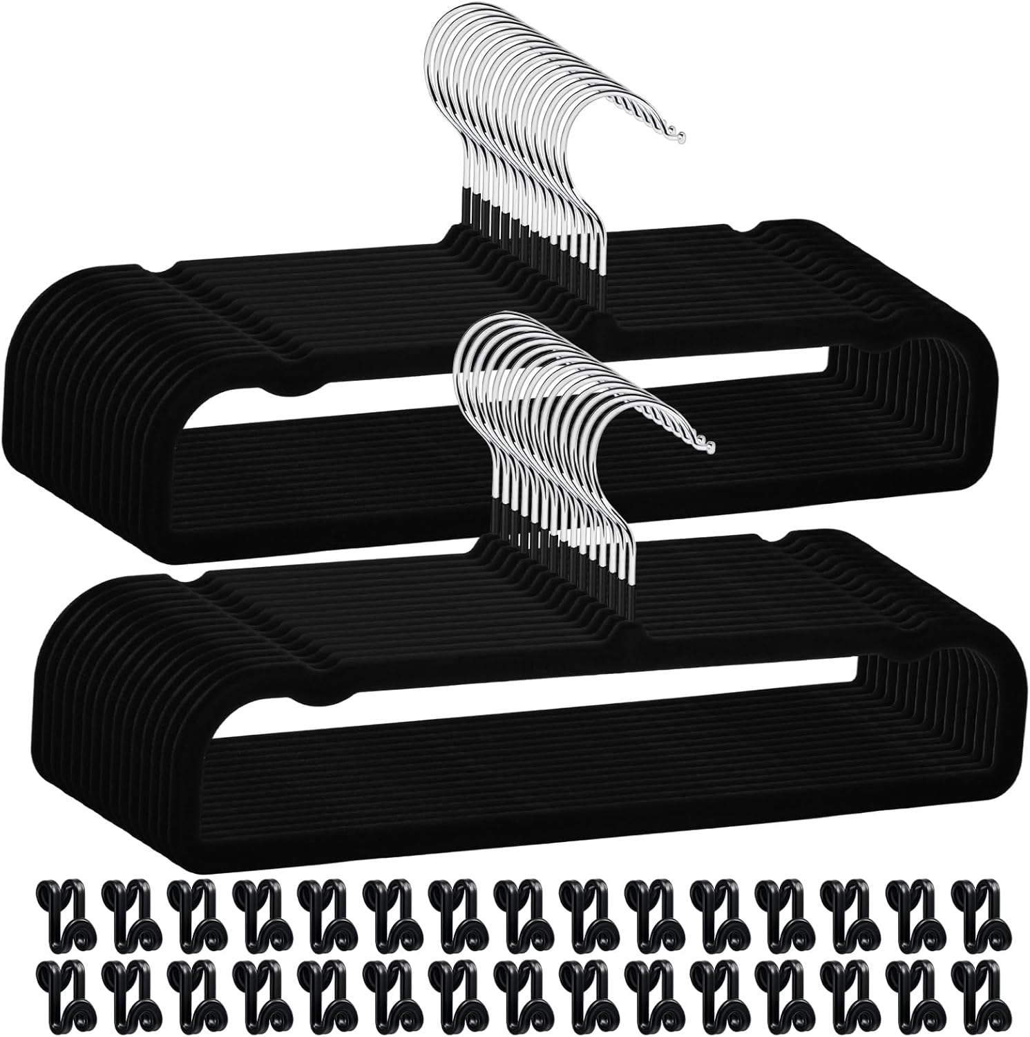 30sets/60pcs Velvet Pants Hangers Non Slip Black Felt Hangers with 30 Cascading Hooks, Space Saving 360 Degree Swivel Hook Closet Organizer for Jeans, Trousers, Leggings, Tank Top, Shorts and Skirts
