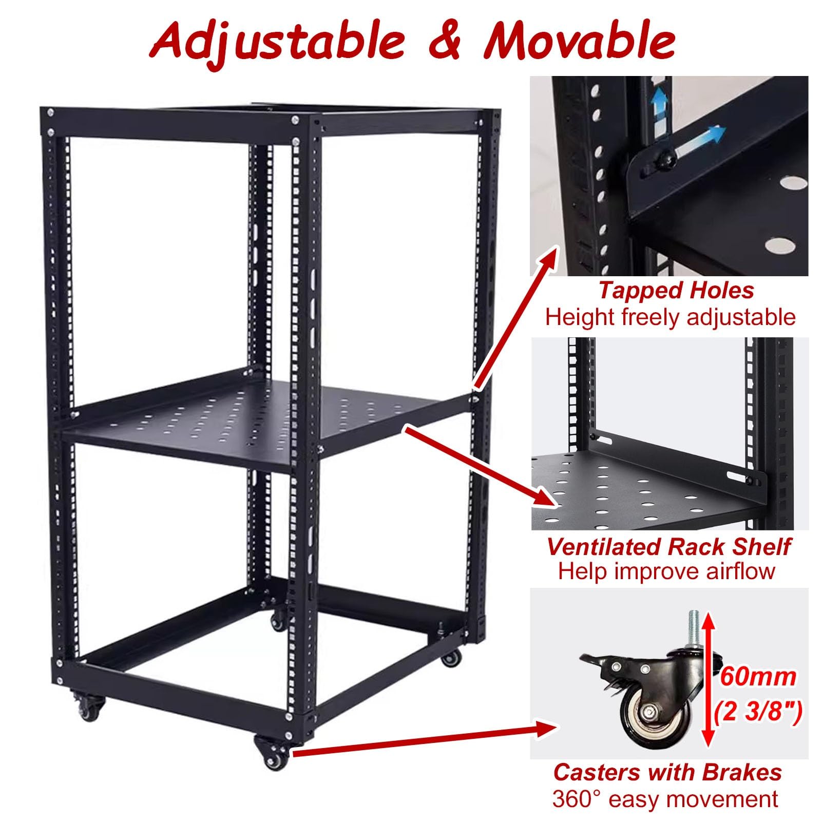 Vibeo Rack di Rete a Telaio Aperto Rack di Rete Mobile a Telaio Aperto con Ruote, Rack Server 6, 9, 12, 15, 18 e 22U per Ufficio, Rack di Rete Ventilato Regolabile da 48 cm(6U,D 29 cm (11 3/8"))