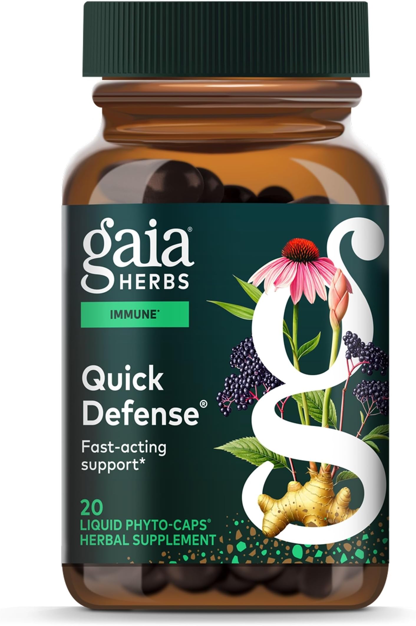 Gaia Herbs Quick Defense - Fast-Acting Immune Support Supplement* - Echinacea, Black Elderberry, Ginger & Andrographis - 20 Vegan Liquid Phyto-Caps (10 Servings)