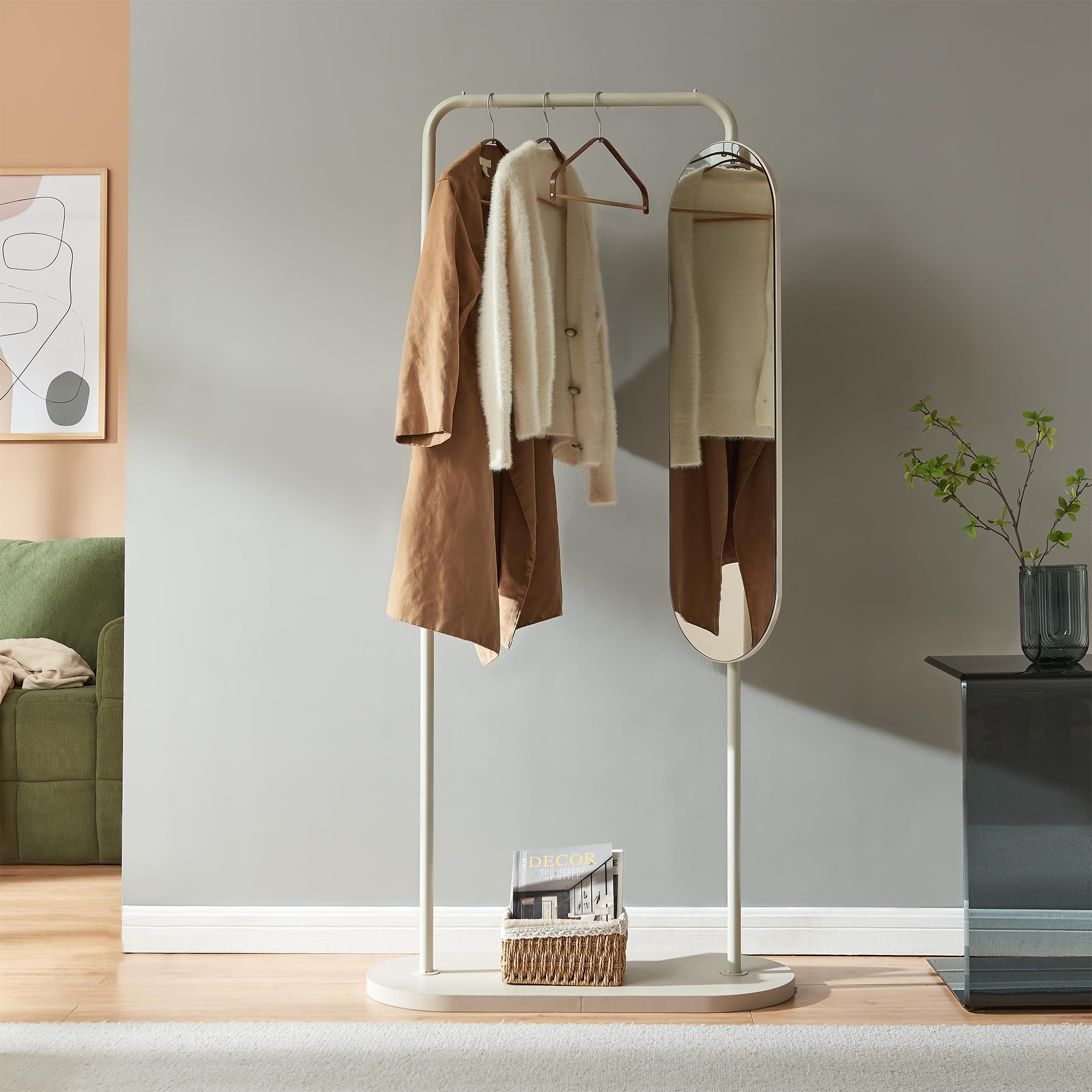 [en.casa] Garderobenständer Vamn Kleiderständer 167 x 80 x 35 cm Flurgarderobe mit Spiegel Standgarderobe für Flur Schlafzimmer Ankleide freistehend Metall Sandfarben
