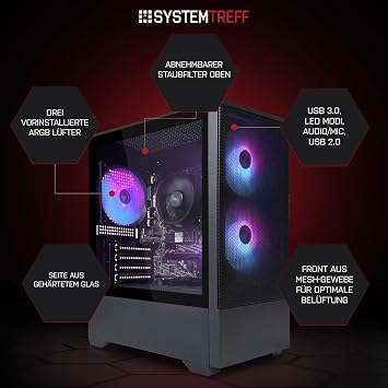 SYSTEMTREFF Basic Gaming PC AMD Ryzen 5 5600G 6x4.4 GHz AMD RX Vega 7 4K HDMI DX12 512 GB M.2 NVMe 16 GB DDR4 RAM Wi-Fi Desktop Computer for Gaming Windows 11 Pro