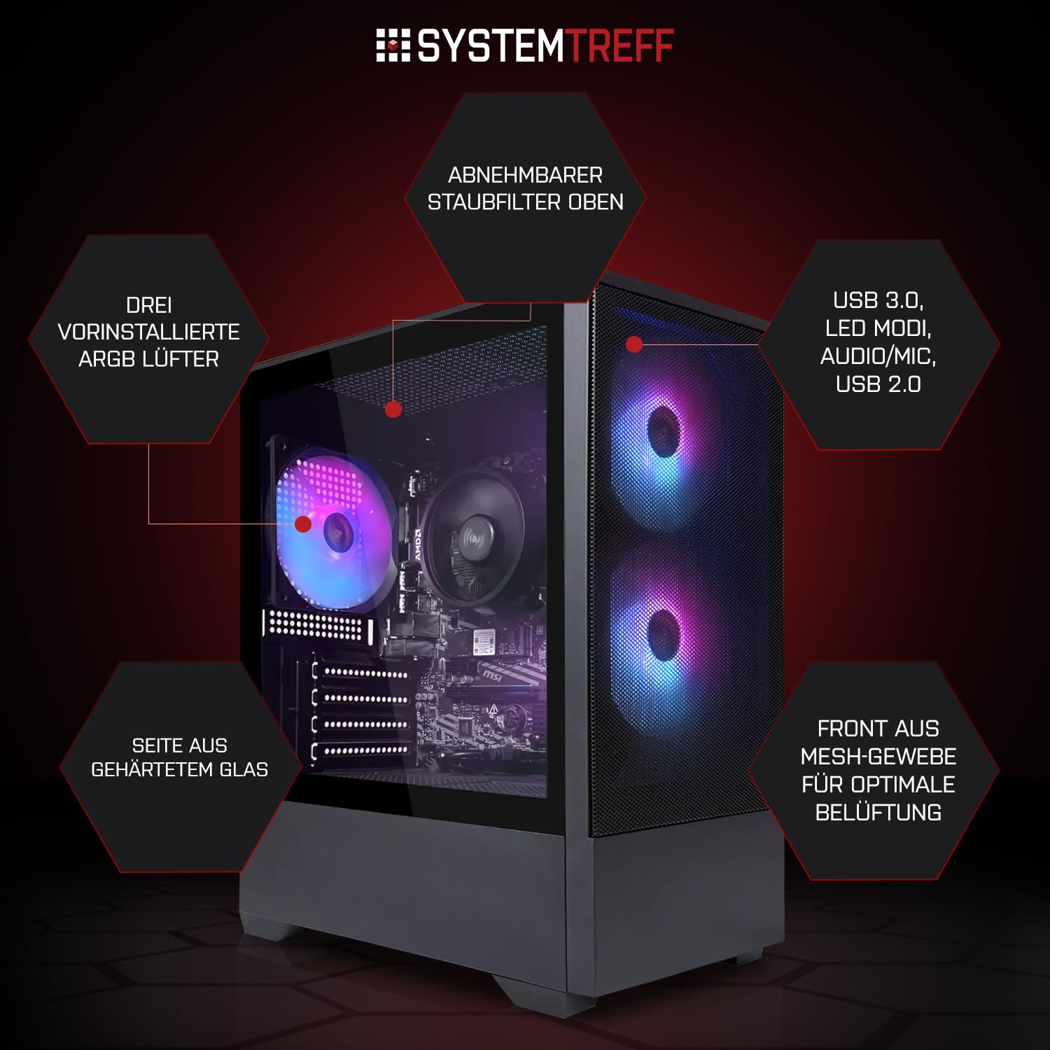 SYSTEMTREFF Basic Gaming PC AMD Ryzen 7 5700G 8x4.6GHz | Radeon RX Vega 8 4K HDMI DX12 | 512GB M.2 NVMe | 16GB DDR4 RAM | WLAN Desktop Computer Rechner für Gamer, Zocker