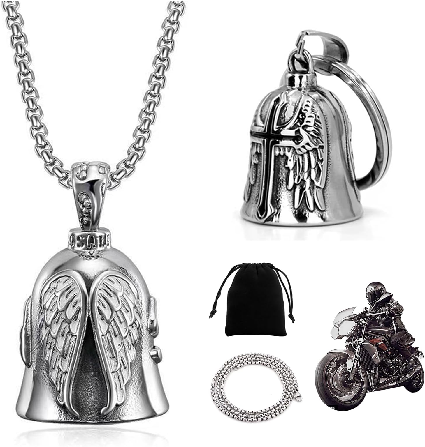 DALAETUS 2 Pcs Guard Bells For Motorcycles with 1 Chain and 1 Velvet Pouch Set, Titanium Steel Motorcycle Biker Luck Riding Spirit Bell, Motorcycle Accessories Gifts for Biker Riders Man Husband