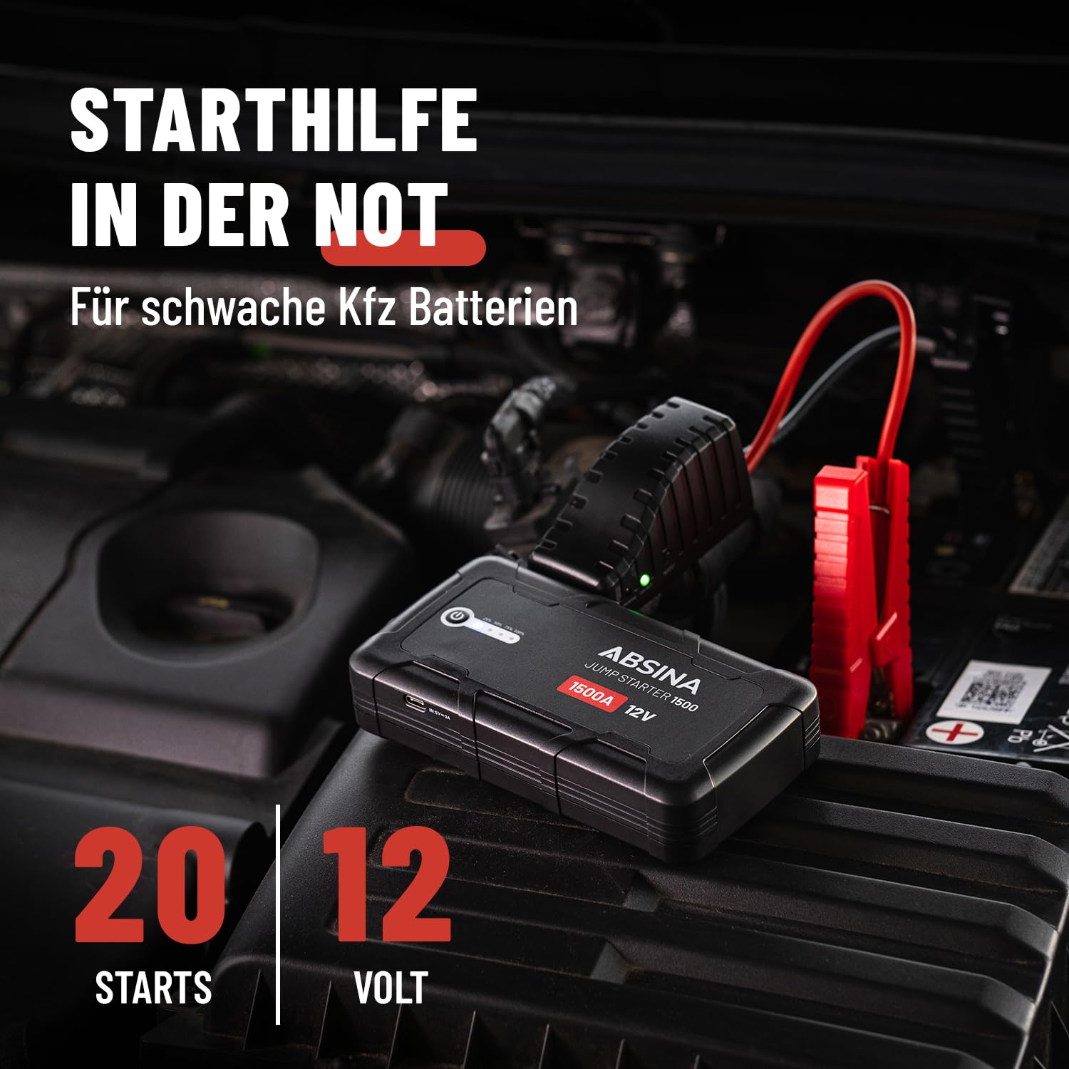ABSINA Auto Starthilfe Powerbank 1500A - 12V Starthilfegerät geeignet für 6L Benzin & 4L Diesel - KFZ Starter Powerbank mit 2 USB Ports & Taschenlampe - Jump Starter, Auto Booster Starthilfe PKW