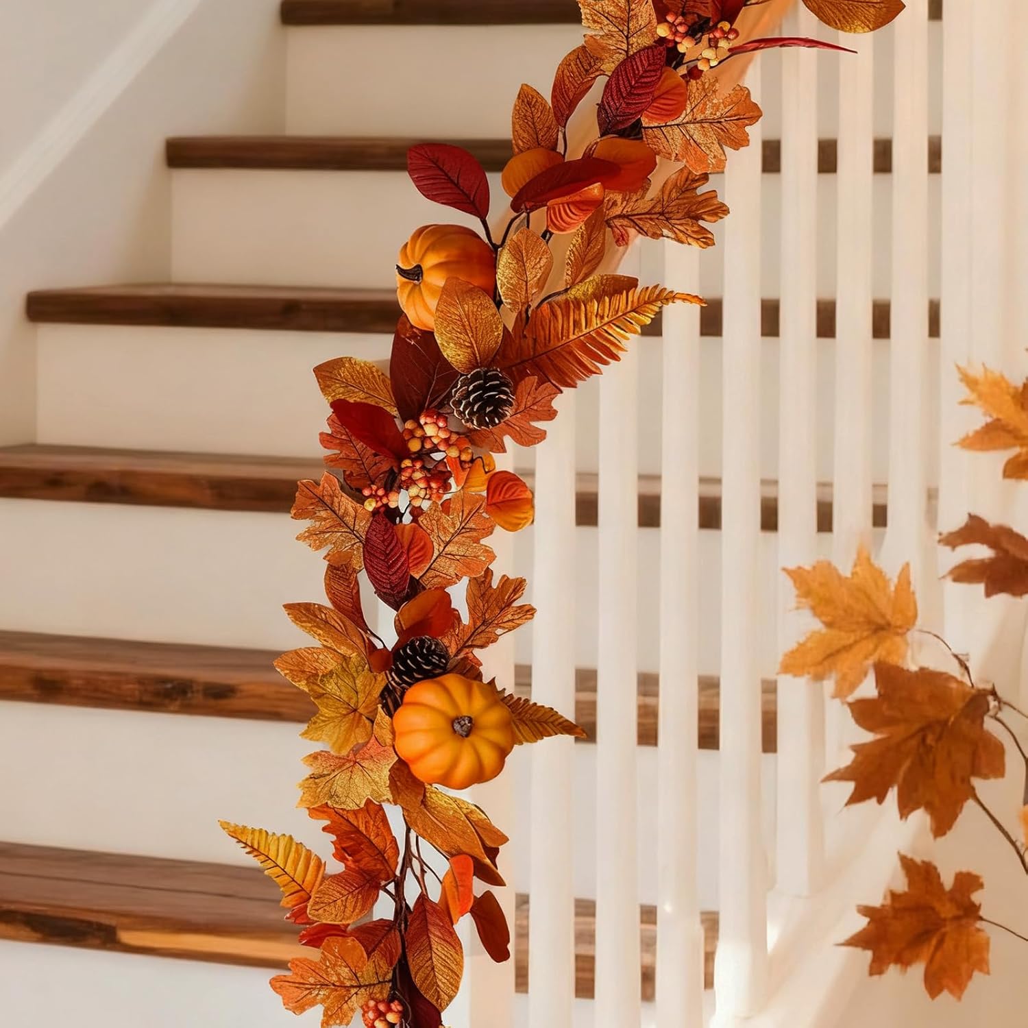 2 Pcs Fall Garland with Lights Fall Decorations for Home 6Ft, Fake Pumpkin Berry Autumn Maple Leaves Garland for Mantle Halloween Thanksgiving Fireplace Harvest Party, Fall Decor Indoor Outdoor Porch