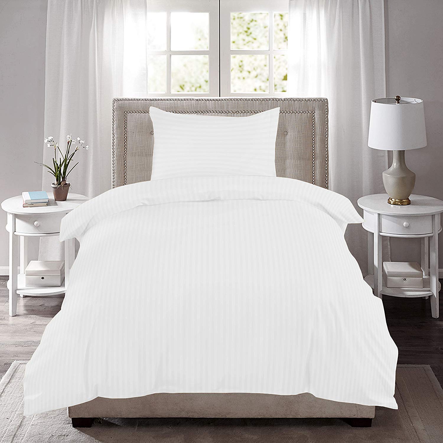 RRC Premium 250 TC Sateen Striped Bedsheet with 1 Pillow Cover - Single Bed Size 60" x 108" Inches (White)