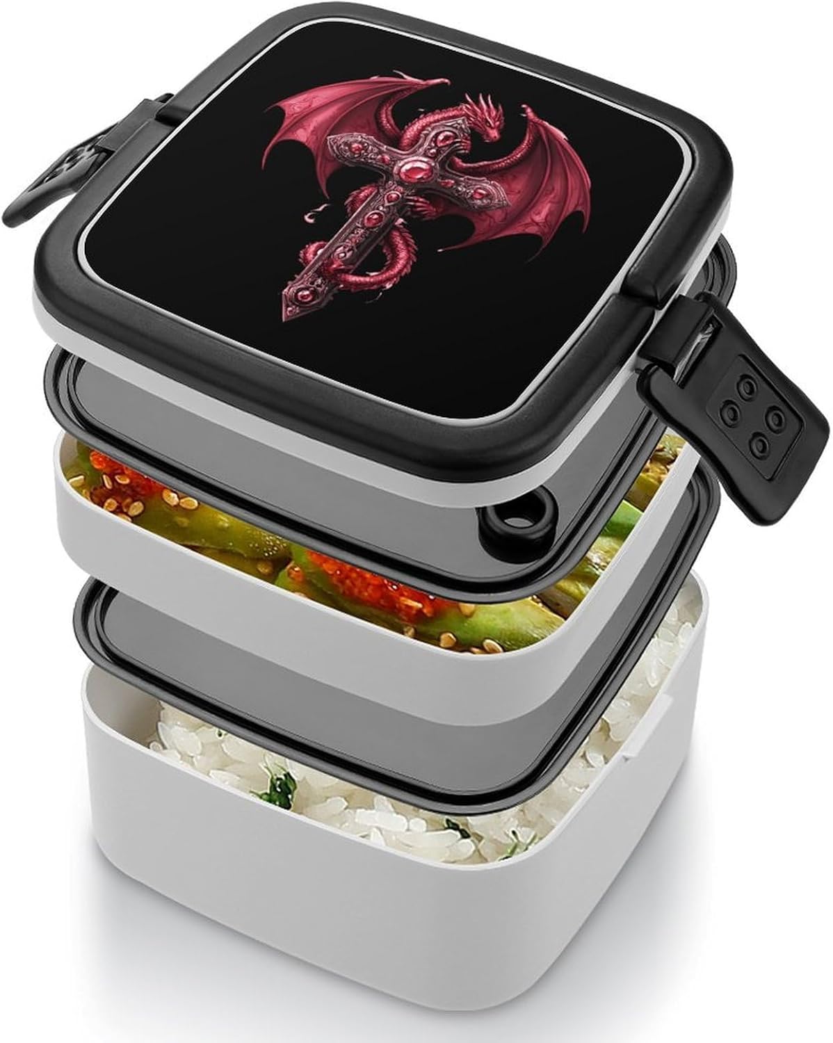 Dragon Cross Bento Box with Spoon 2 Layer Food Container Cute Lunch Box for Travel Dining Work