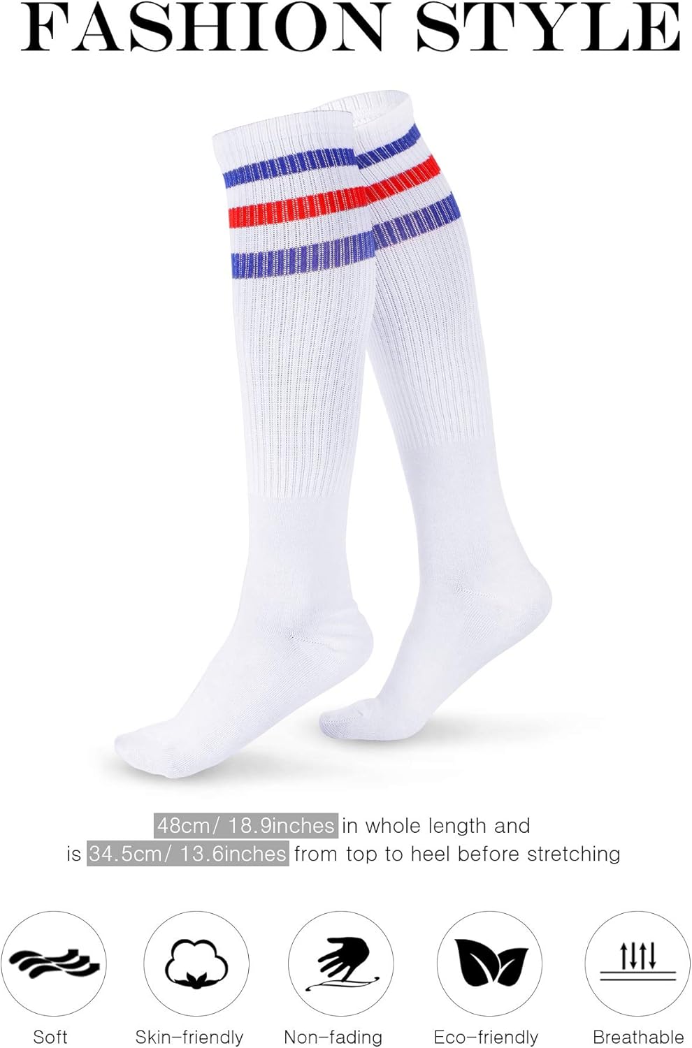 Syhood 4 Pairs Halloween Triple Stripes Knee Striped Socks Calf Socks 80s Retro Red Blue Halloween Stripe Socks for Men Women - Image 2