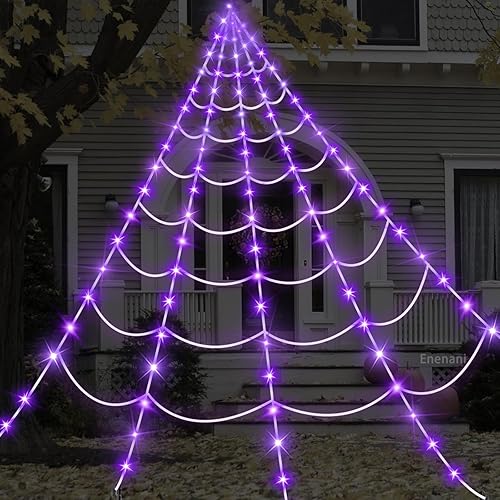 Miniatura 7 de Luces de telaraña para decoración de Halloween al aire libre de 16.4 pies de telaraña gigante, decoración iluminada, 135 luces LED moradas para