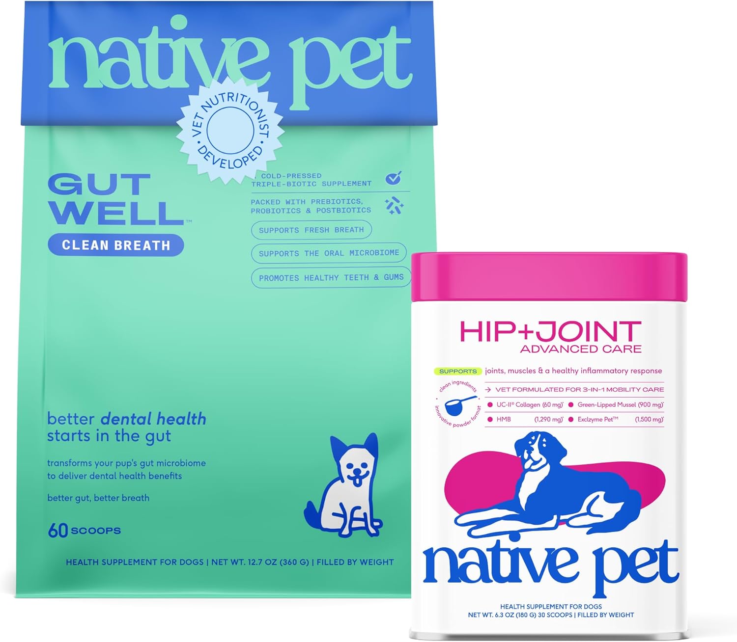 Native Pet Oral & Joint Health Bundle: Hip & Joint Supplement for Dogs - Supports Joints, Cartilage, Muscles & Anti-Inflammatory - 30 Scoops & GutWell Clean Breath - Dog Breath Freshener - 60 Scoops