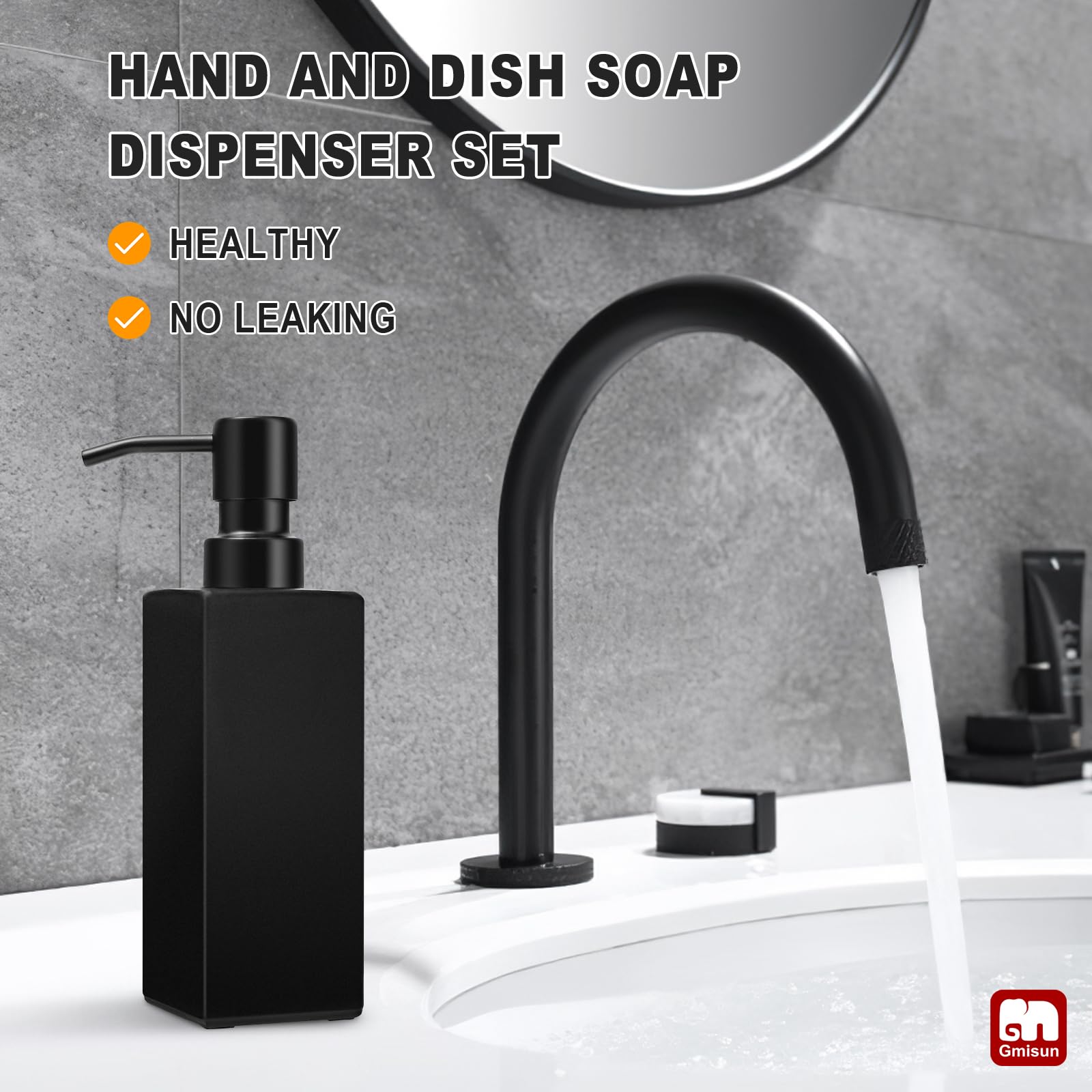GMISUN Dispensador de jabón negro, dispensador de jabón de manos para baño, dispensador de jabón de vidrio de 12 onzas con bomba de acero inoxidable, dispensador de jabón líquido para cocina, juego de