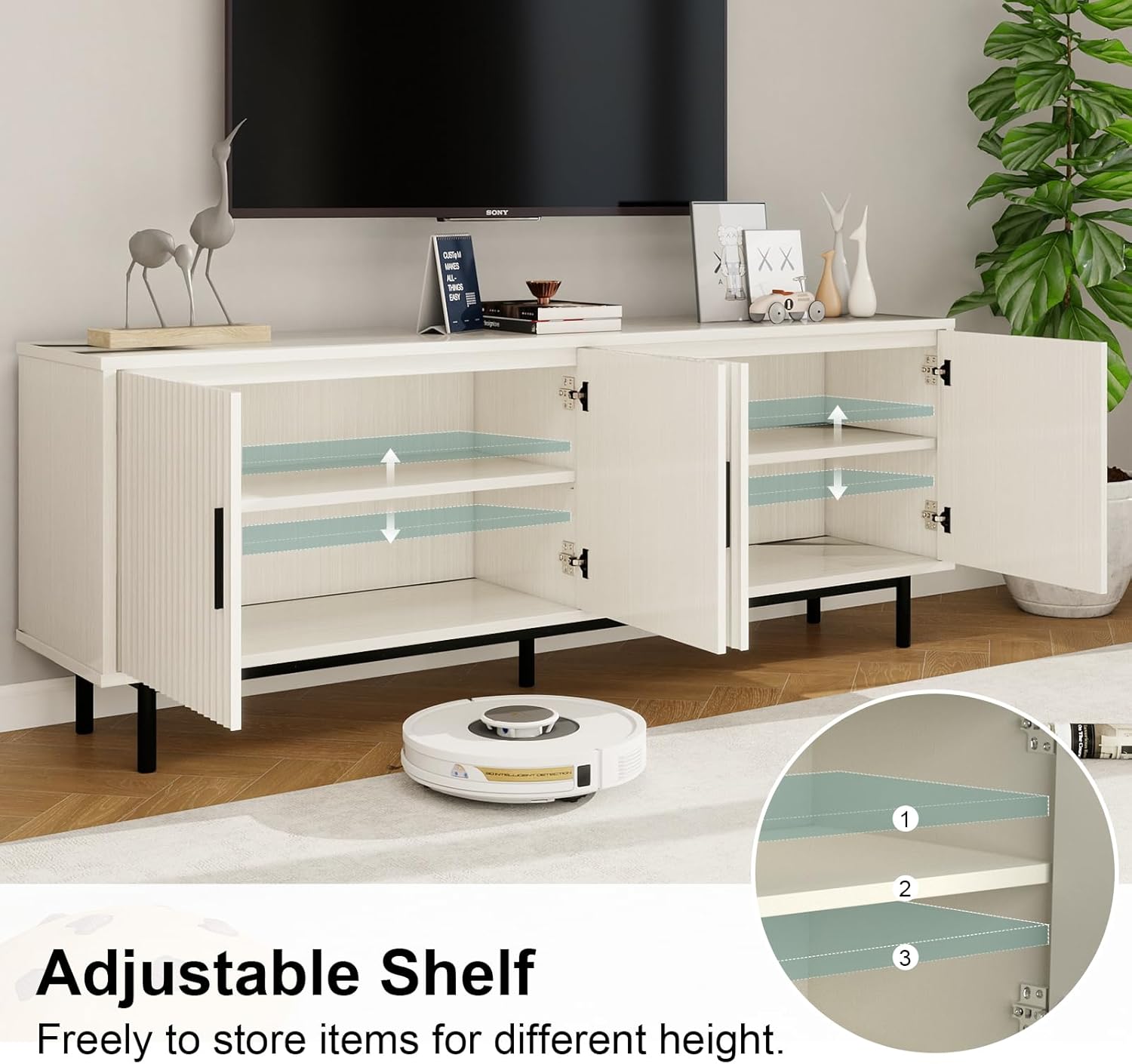 MUUEGM 70" Modern TV Stand for Televisions up to 80 Inch, Entertainment Center with Storage, Cabinet with Fluted Door and Adjustable Shelf, Console Table and Media Furniture for Living Room, White