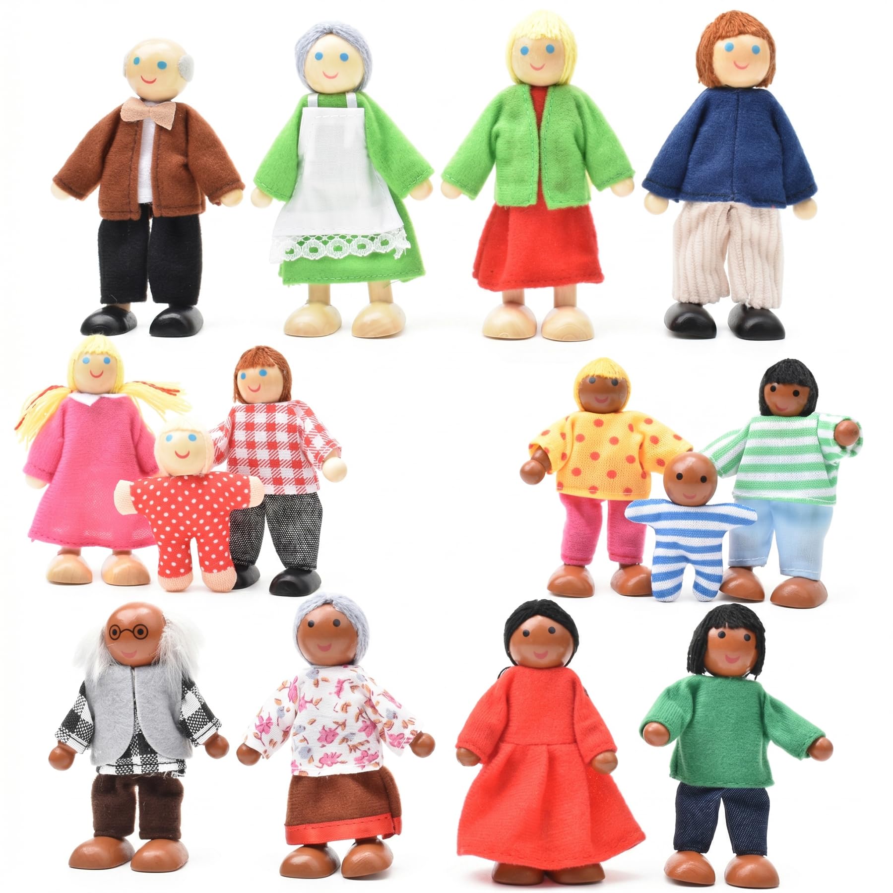 Glyaini 14 Pcs Wooden Dollhouse People Figures, Poseable Wooden Dolls for Girls, Multicul…
