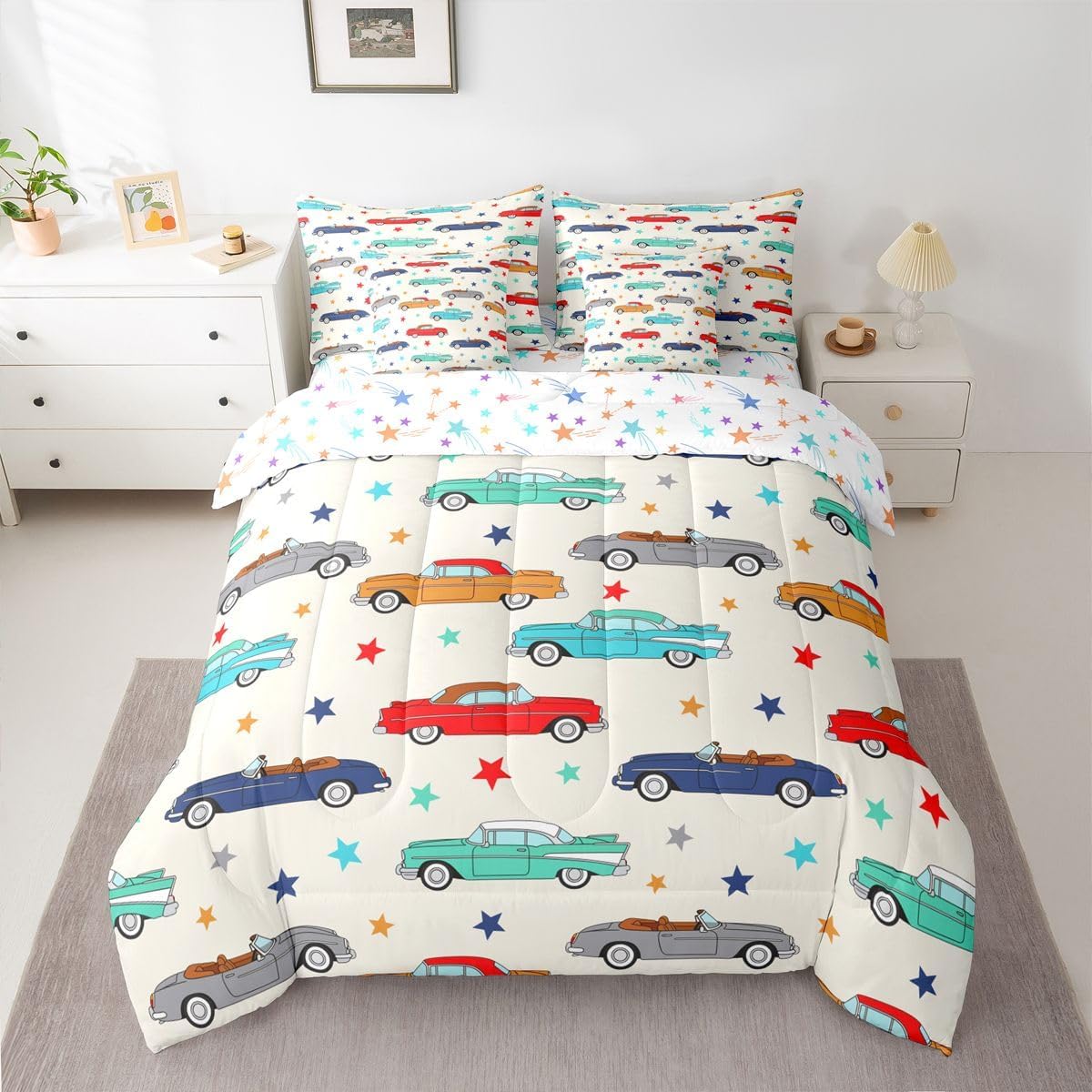 Castle Fairy Cartoon Car 7 Piece Comforter Set Twin Size for Kid Girls Boys,Colorful Stars Funny Bed in A Bag with Sheets Vintage Vehicle Bedding Sets Transportation Theme Bedroom Decor image 2