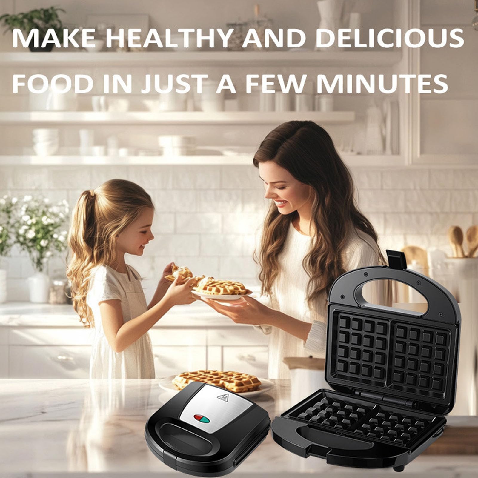 Máquina para Hacer Gofres, Máquina de Desayuno Eléctrica Portátil Antiadherente Compacta para Gofres, Prensa para Gofres para Refrigerios Caseros, Color Negro