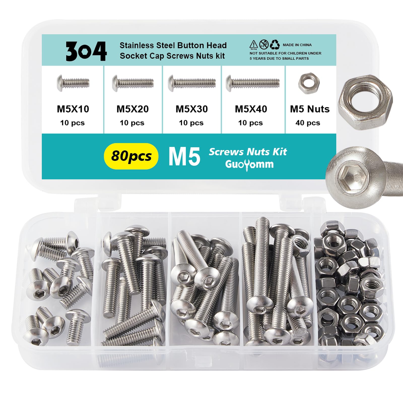 GuoYomm M5 x 10mm 20mm 30mm 40mm Button Head Socket Cap Screws Bolts and Nuts, Stainless Steel 304, Bright Finish, Metric Allen Hex Drive, Fully