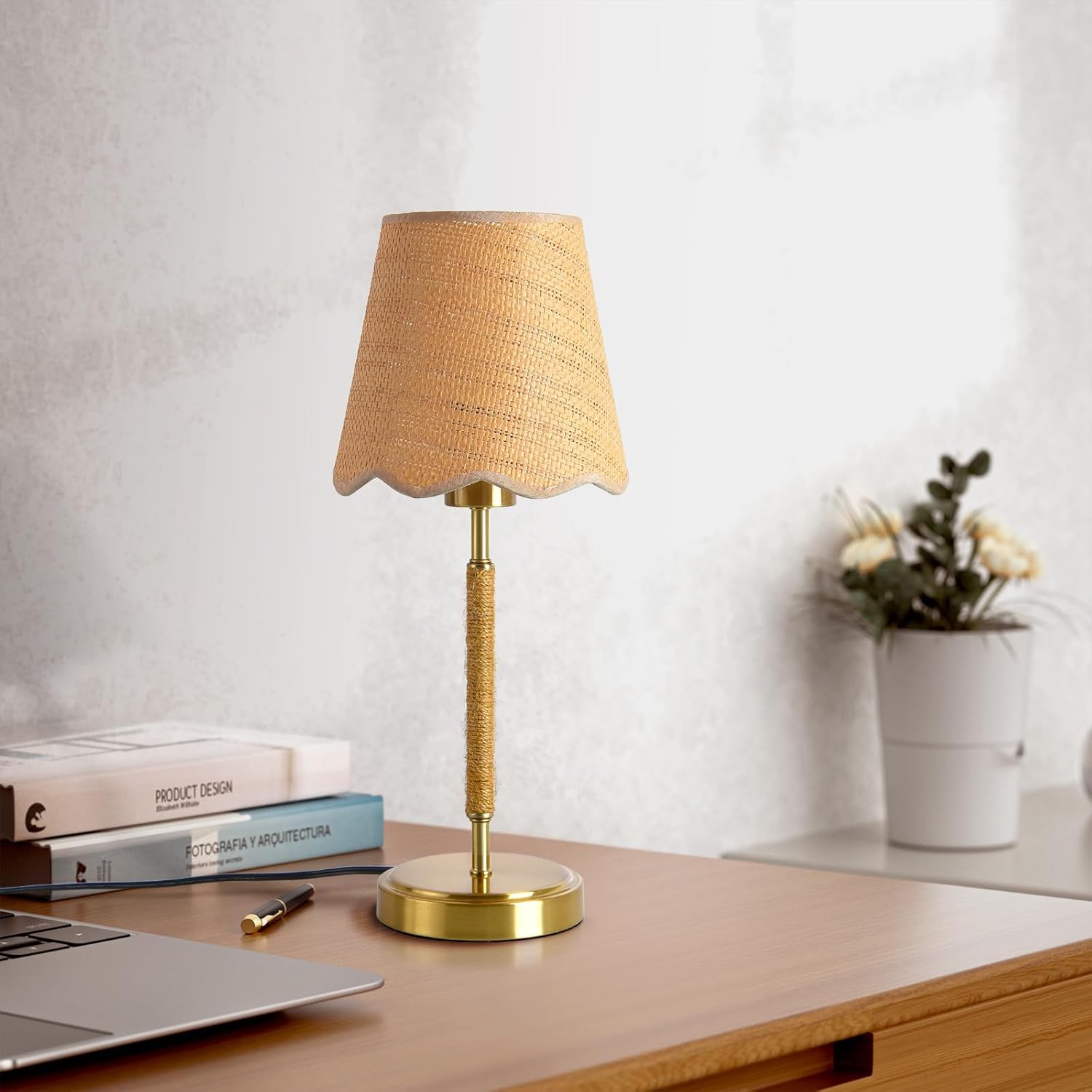 Boho Table Lamp for Bedroom, Touch Control Bedside Table Lamp with Brass Gold Base, Rattan Small Table Lamp for Small Space, Boho Lamp Rattan Lamp, Rustic Desk Lamp for Kitchen Counter, Nightstand