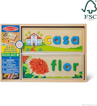 Melissa & Doug Spanish See & Spell Educational Language Learning Toy, Early development & activity toys, Puzzle, Wooden puzzle, Gift for 4 year old boy or girl