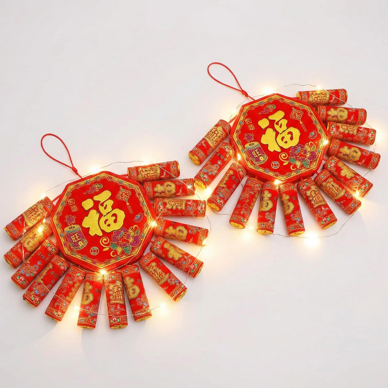 Baquler 2 Chinese New Year Decorations 2026 Electronic Firecrackers Red LED Decorations Spring Festival Ornament Traditional Lucky Tassel Firecracker Decor for Home Door Holiday