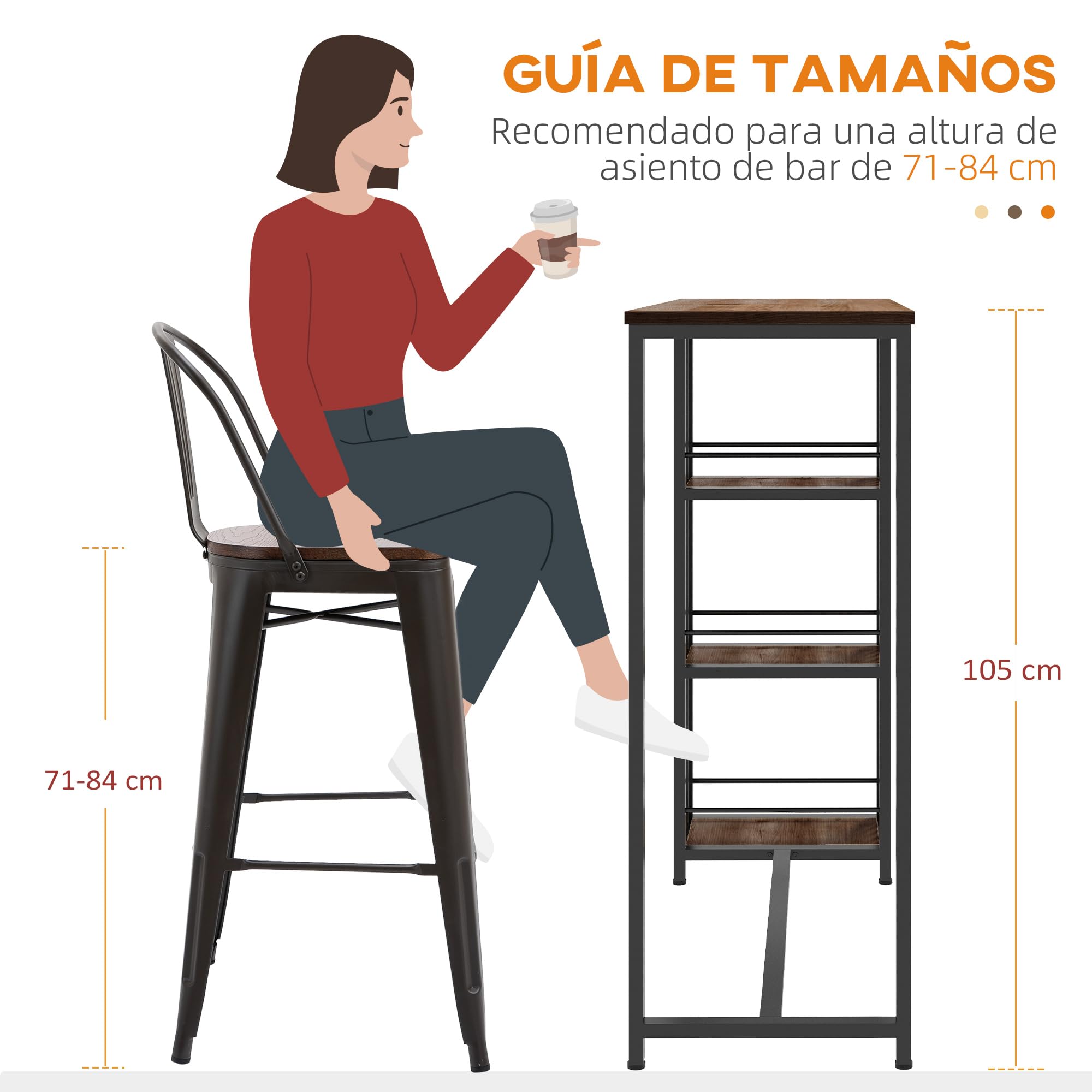 HOMCOM Mesa Alta Cocina Bar para 2 Personas 120x40x105 cm Marrón y Negro | Con 3 Estantes, Mesa Alta Bar Rectangular, Patas de Acero, para Salón, Comedor