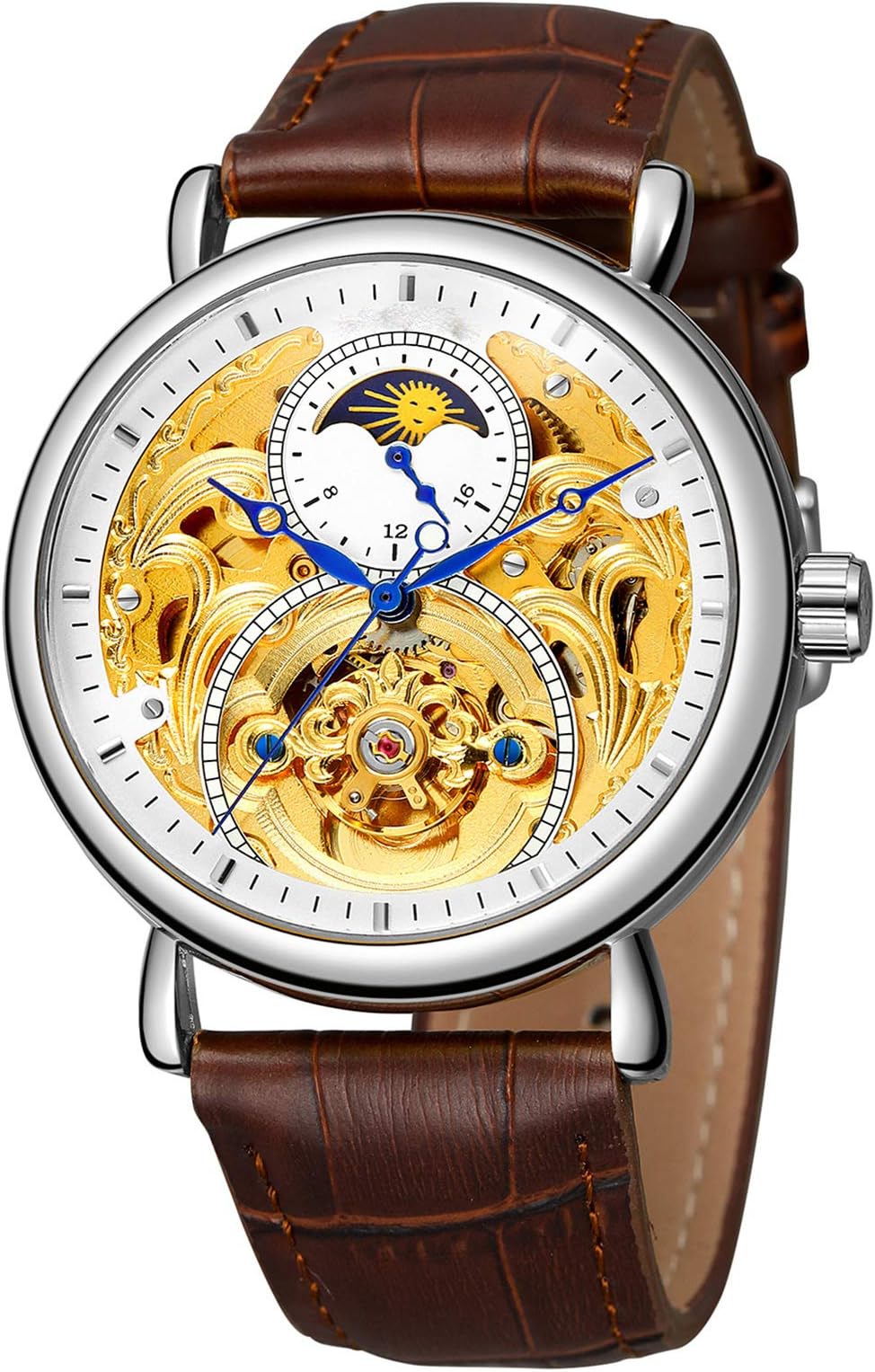 Parnis Black Case Number White Dial Hand Wind Mechanical See-through Back Mens Womens Watch Brown Leather