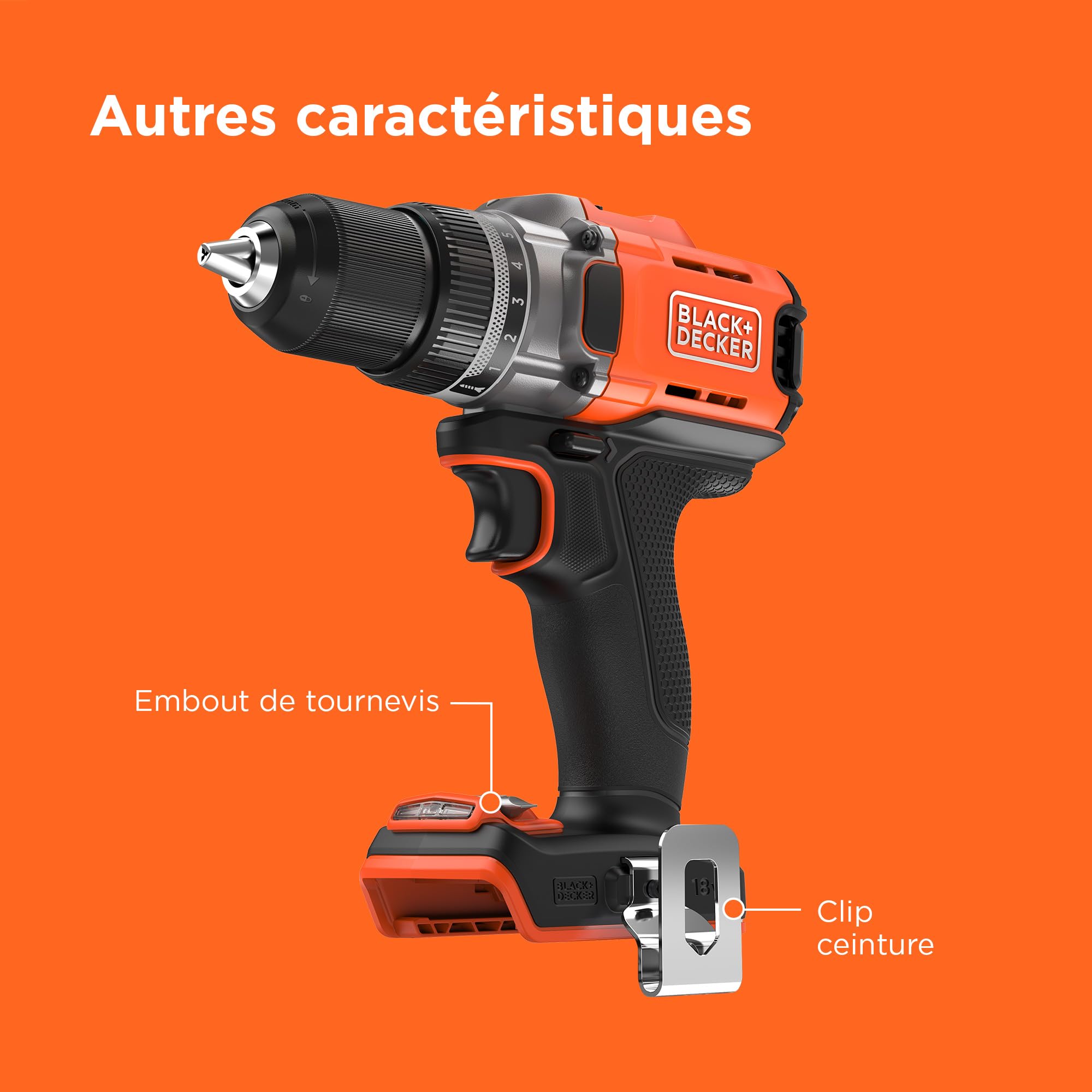 BLACK+DECKER Perceuse-visseuse sans fil 18V, sans batterie, BCD382XN-XJ | Couple maximum de 45Nm, 2 vitesses, Mandrin sans clé et éclairage LED
