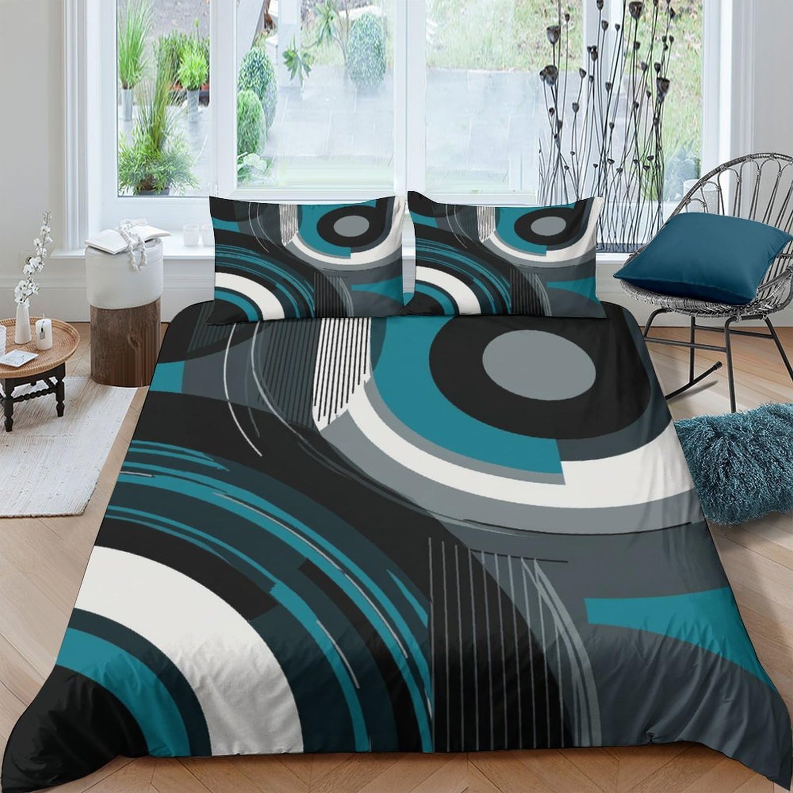 GPLZQXKJNH 3D Printed Abstract Geometric Circles Duvet Cover Microfiber Breathable Bedding Set with 2 Pillowcases for Bedroom Decor Single（135x200cm）