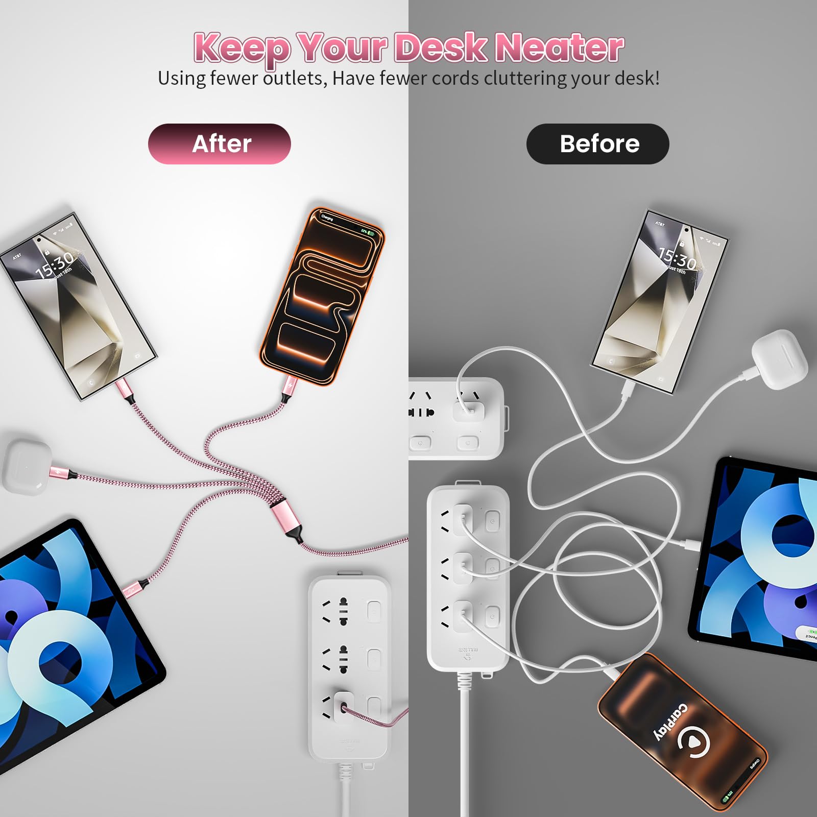 4 cavi di ricarica multipli di tipo C 4 in 1, 1,5 m, essenziale da viaggio per aerei e viaggi in crociera, USB C a 4 USB C, compatibile con iPhone 17-8, Android, iPad, Galaxy, tablet