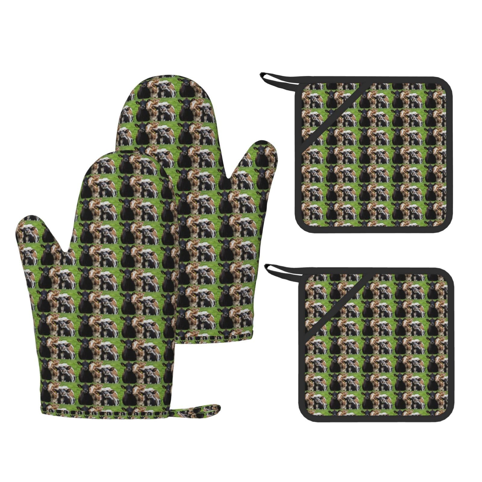 Cow Grassland Printed Potholder and Oven Mitt Set of 4, High Heat Resistant Cooking Gloves for BBQ Grilling