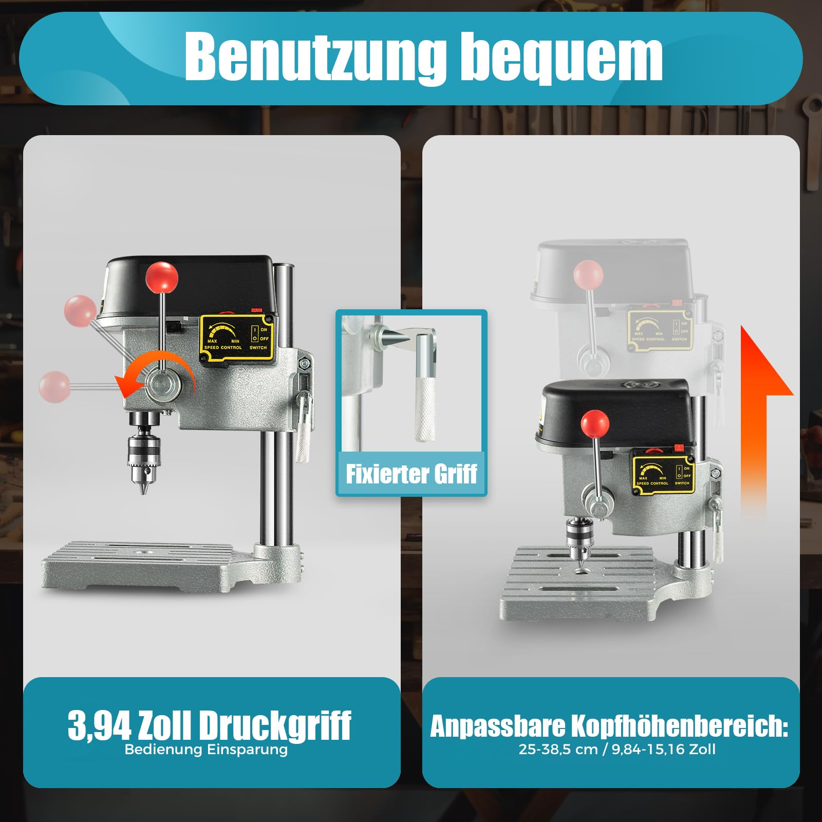Tischbohrmaschine 340W, Standbohrmaschine, 3-Gang Geschwindigkeit (0-16000 U/min), Präzisionsbohrmaschine mit Gusseisenbasis für Holz, Kunststoff, Aluminium, DIY & Möbelmontage
