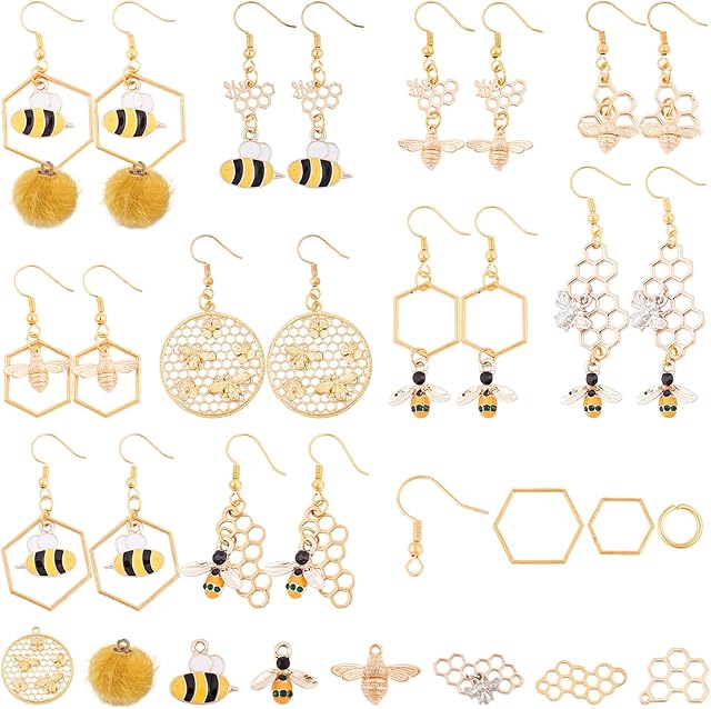 SUNNYCLUE 1 Box DIY 10 Pairs Bee Honeycomb Dangle Earrings Making Starter Kit Honeycomb Bee Enamel Charms for Women Jewelry Making DIY Earrings Crafts Projects