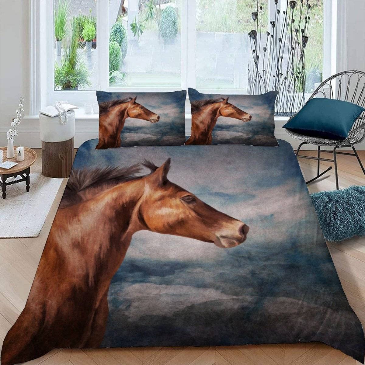 RFFLUX 3D Horse Double Bedding Duvet Cover Set 3 Pieces 200x200 Ultra Soft Microfiber Retro Horse Comforter Cover with Zipper Easy Care Quilt Cover with 2 Pillowcase for Room Decor — image 1