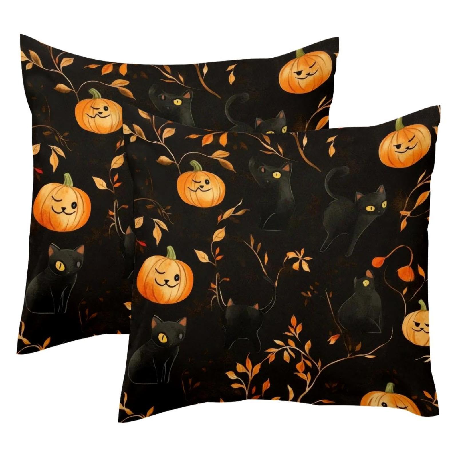 Housse de coussin chat noir velours 50x50 cm taie oreiller citrouille foncée