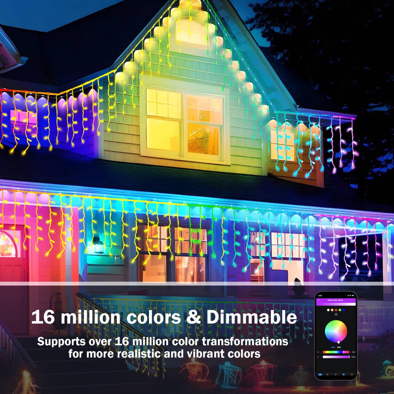 Luci natalizie intelligenti, 1,8 m, 598 LED RGB per esterni, 2 pezzi, app, sincronizzazione musica, timer per casa, vacanze, grondaie, decorazione per feste in giardino