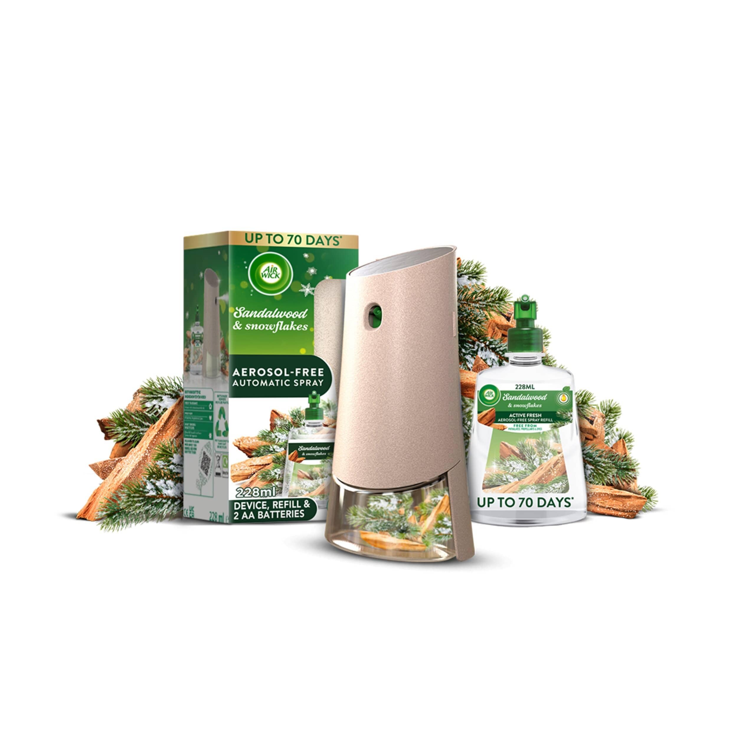 Air Wick Aerosol-Free Automatic Air Freshener Spray Kit, Frosted Sandalwood & Snowflakes, 1 Gadget, 1 Refill and 2 AA Batteries, 24 x 7 Active Fresh Odour Neutraliser, Lasts Up to 70 Day